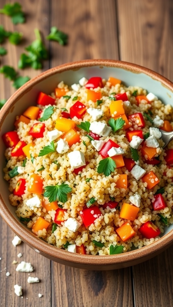 A bowl of Mediterranean quinoa pilaf with bell peppers, parsley, and feta cheese on a wooden table.